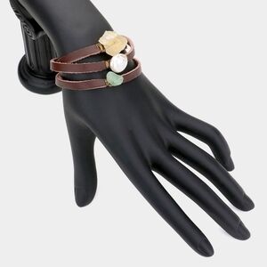 NEW Boho Brown Leather Bracelet with Gemstone Accents